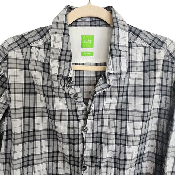 Boss Hugo Boss Shirt Black Gray Plaid Button Front Long Sleeve Top Men L Modern - Picture 2 of 9